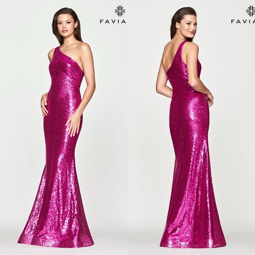 PROM Fuchsia sequin one shoulder prom dress size 4 Faviana S10638